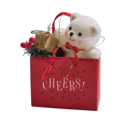 Holiday Bear Ornament In Red Gift Bag With "Cheers!" Message - Picture 1 of 4